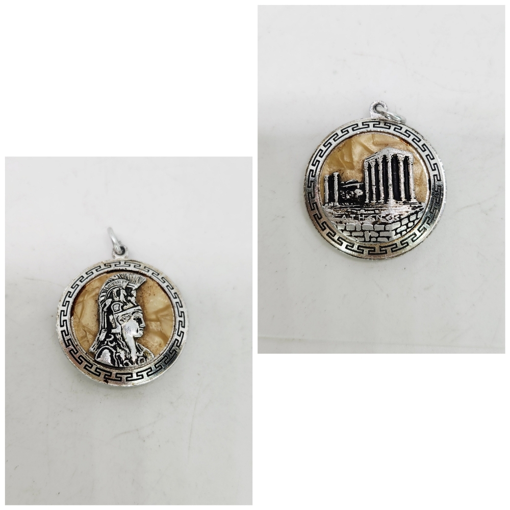 Vintage Mid Century Necklace Pendant Greek Key Enamel Coin Double Sided Soldier